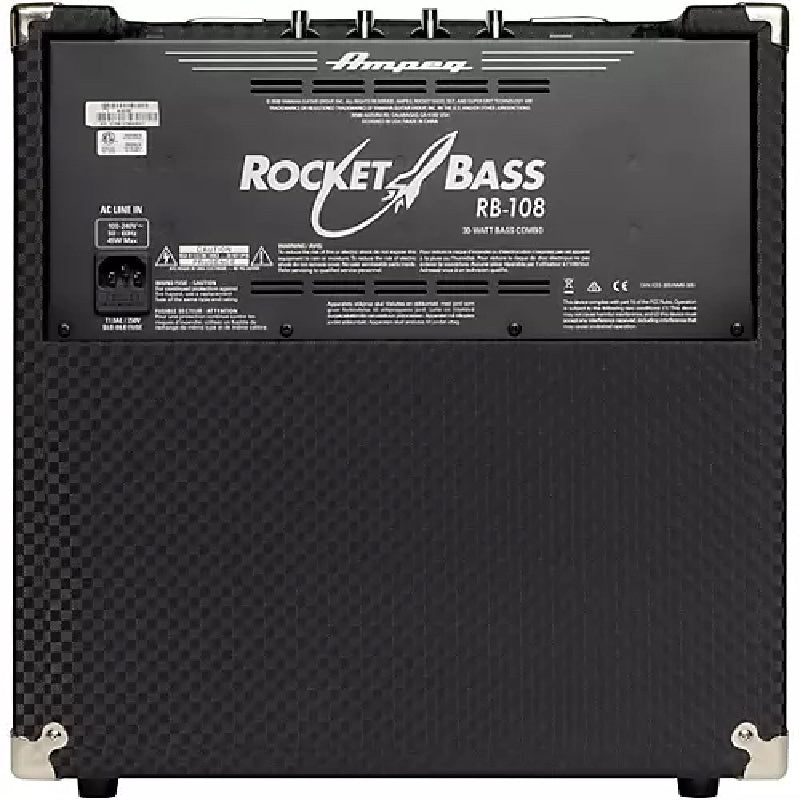 Ampeg RB-108 Rocket Bass 30 Watt Combo Bass Amplifier. Black and Sliver. Back View