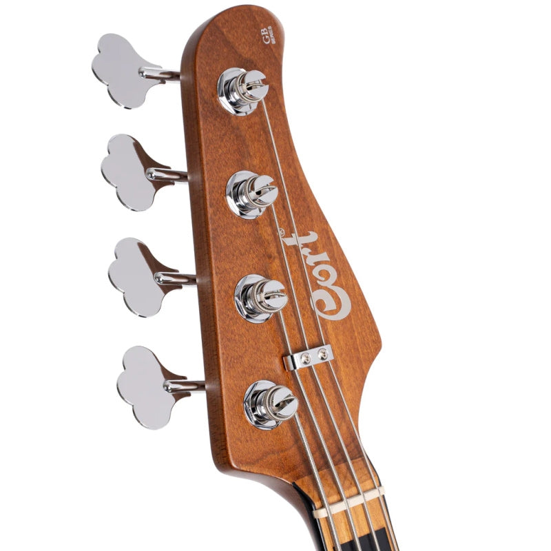 Cort GB Series Modern 4-String Bass Guitar. Open Pore Vintage Natural. Headstock View