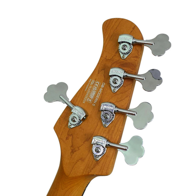 Cort GB Series Modern 5-String Bass Guitar. Open Pore Vintage Natural. Back of Headstock view
