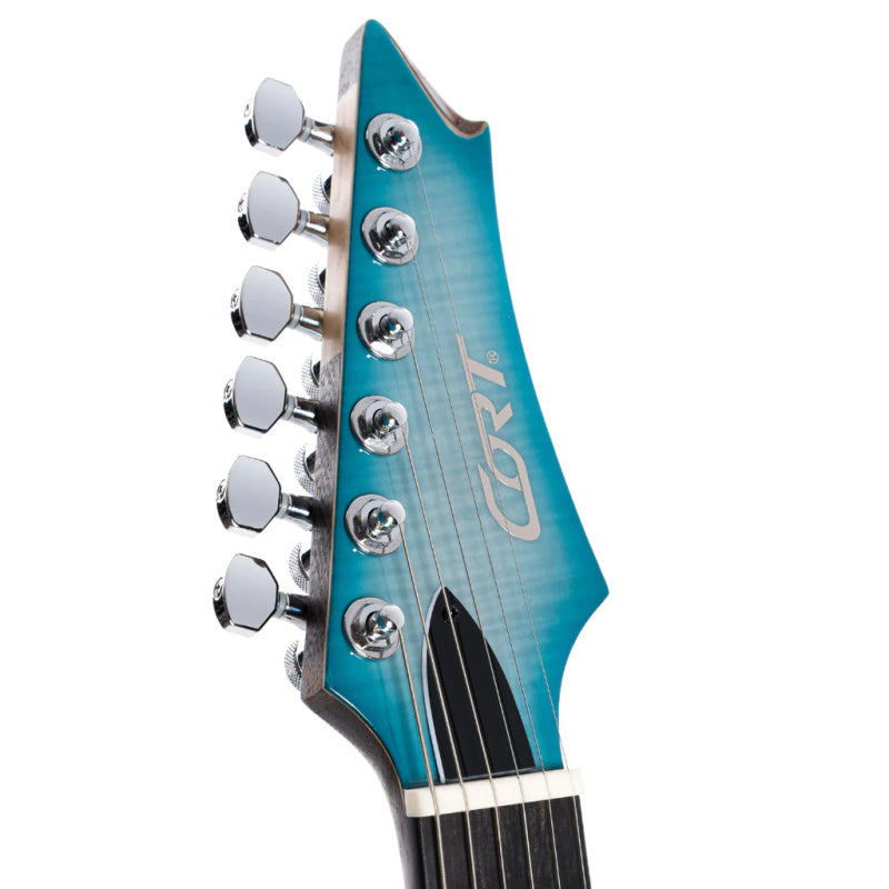 Cort X700 Duality II Electric Guitar. Polar Ice Burst. Headstock view