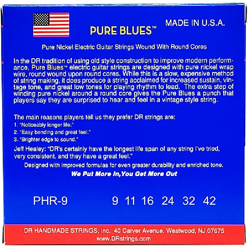 DR Strings PHR9 Pure Blues Nickel Round Core Electric Guitar Strings. 9-42