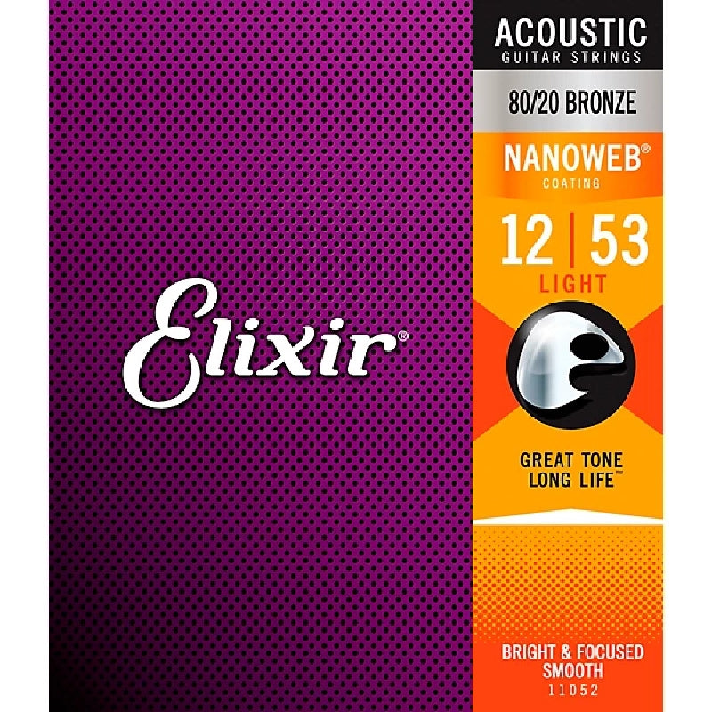 Elixir 11052 80/20 Bronze Acoustic Guitar Strings with NANOWEB. Light 12-53