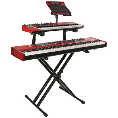Quik Lok QL-742 Double Braced 2 Tier Keyboard Stand. Black. With Keyboard on stand view